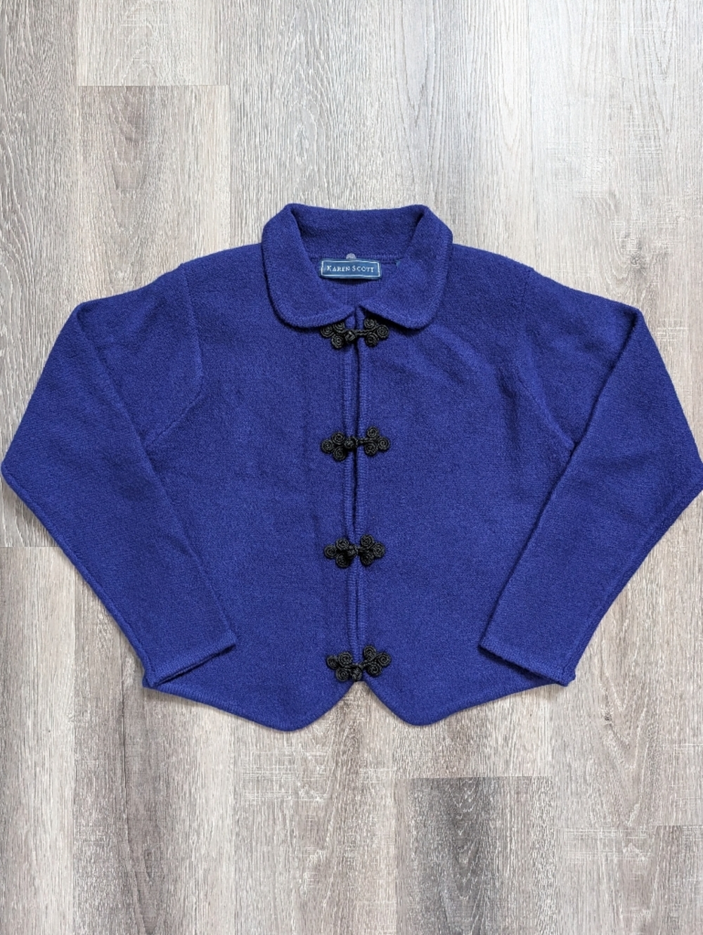 Karen Scott Blue Wool Jacket Womens Small Oriental Frog Closure Collared Coat